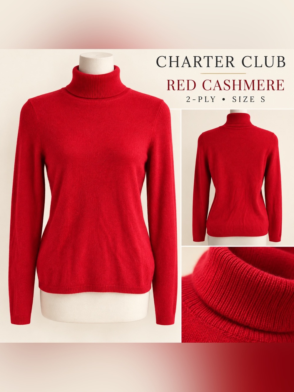 Charter Club Red 2-Ply Cashmere Turtleneck Sweater Size S NWOT